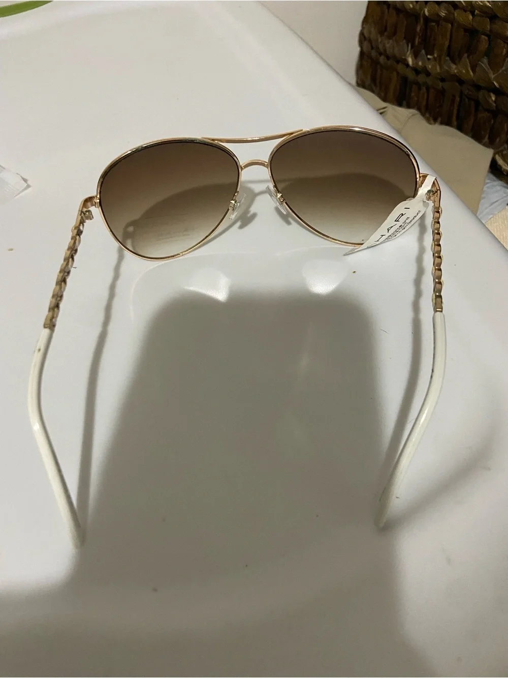Tahari White & Gold Aviator Sunglasses with Gradient Brown Lenses